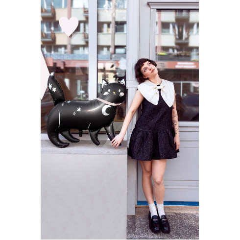 Folijski balon črna mačka s holografskimi zvezdami 96 x 95 cm