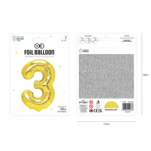 Arany fólia lufi 3-as szám, 100 cm Arany fólia lufi 3-as szám, 100 cm