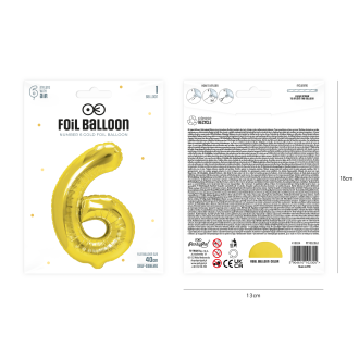 Folijski balon številka 6, zlata barva, 40 cm