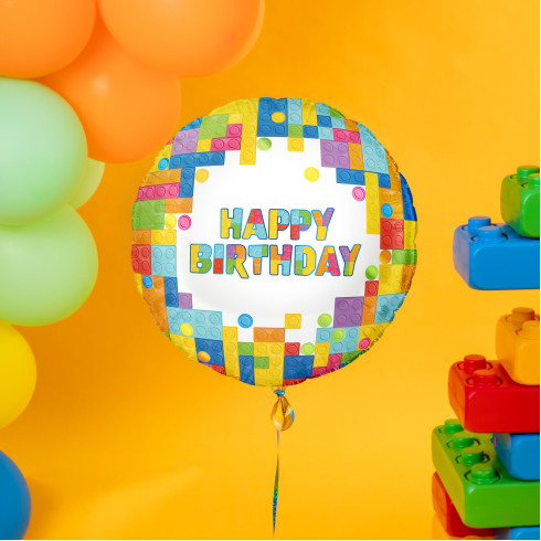 Fólia lufi „Happy Birthday” – Építőkészlet, 45 cm Fólia lufi „Happy Birthday” – Építőkészlet, 45 cm