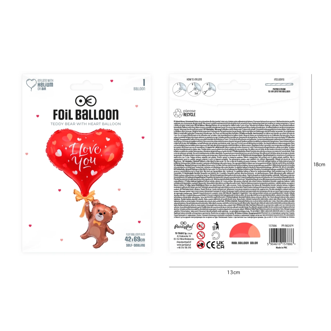 Balon folie Ursuleț cu inimă și inscripția I Love You 42 x 69 cm