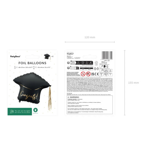 Foli balon maturalna kapa crna sa zlatnom vrpcom 60 x 55 cm – dekoracija za promocije