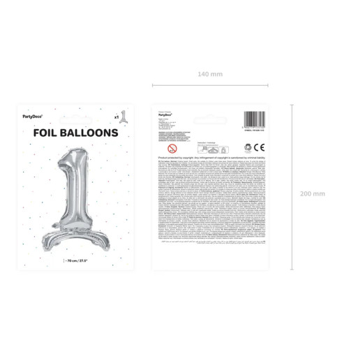 Fóliový balón samostatne stojace číslo 1, strieborný 70 cm Fóliový balón samostatne stojace číslo 1, strieborný 70 cm