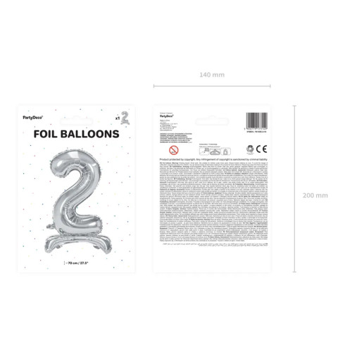 Önállóan álló fólia lufi szám 2, ezüst, 70 cm Önállóan álló fólia lufi szám 2, ezüst, 70 cm
