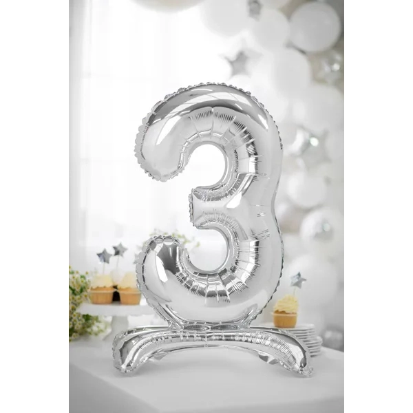 Balon folie autoportant cifră 3, argintiu, 70 cm