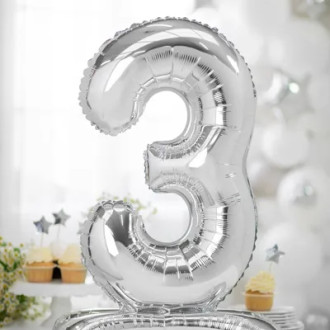 Samostoječi folijski balon številka 3, srebrn, 70 cm