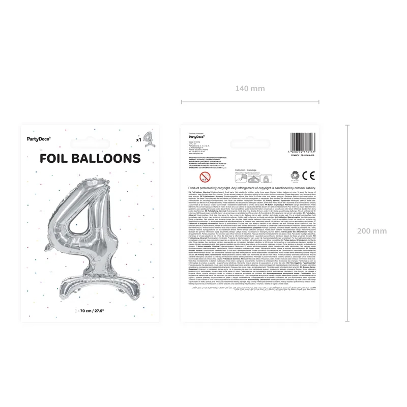 Önállóan álló fólia lufiszám 4, ezüst, 70 cm