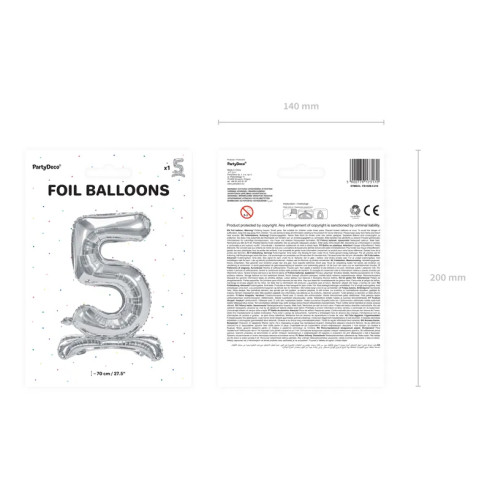 Önállóan álló fólia lufi szám 5, ezüst, 70 cm Önállóan álló fólia lufi szám 5, ezüst, 70 cm