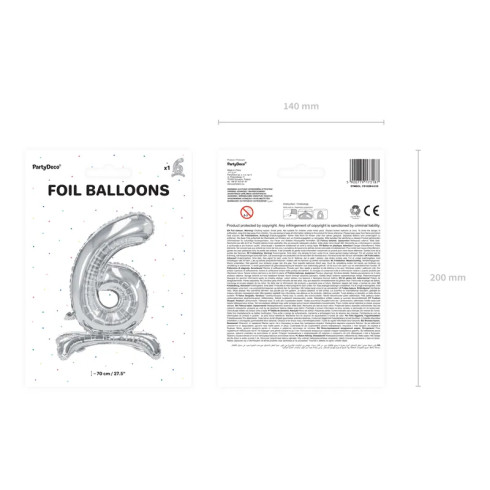 Önállóan álló fólia lufi szám 6, ezüst, 70 cm Önállóan álló fólia lufi szám 6, ezüst, 70 cm