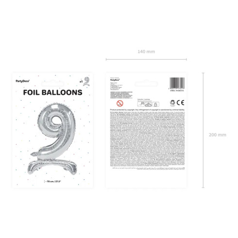 Önállóan álló fólia lufi szám 9, ezüst, 70 cm Önállóan álló fólia lufi szám 9, ezüst, 70 cm