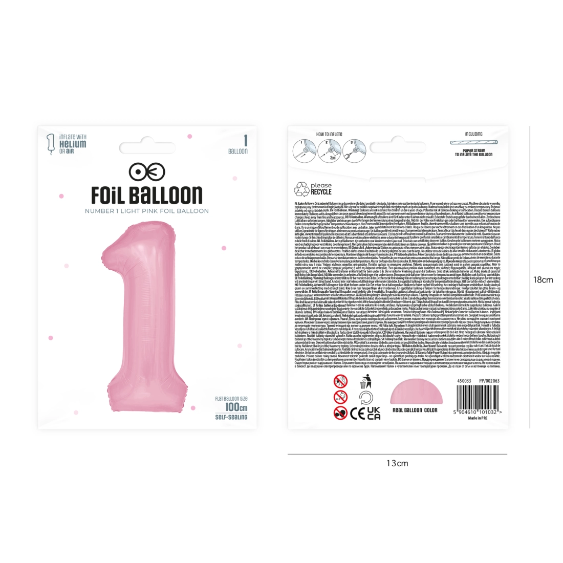 Fólia születésnapi lufi, 1-es szám, rózsaszín, 100 cm