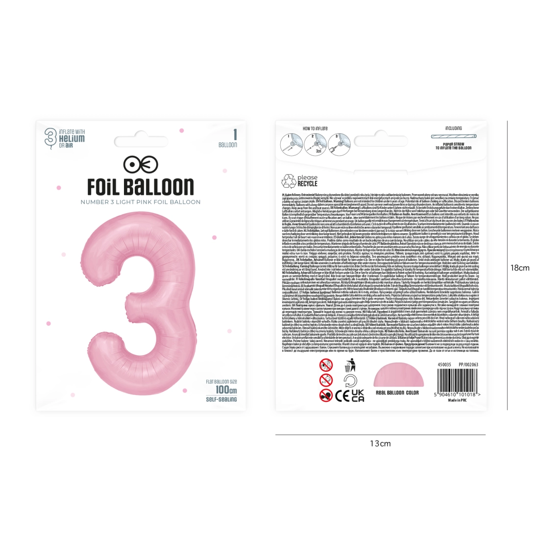 Balon din folie pentru ziua de naștere, cifră 3, roz, 100 cm