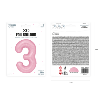 Folijski rojstnodnevni balon številka 3, rožnat, 100 cm