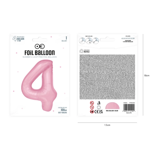 Folijski rojstnodnevni balon številka 4 rožnat 100 cm