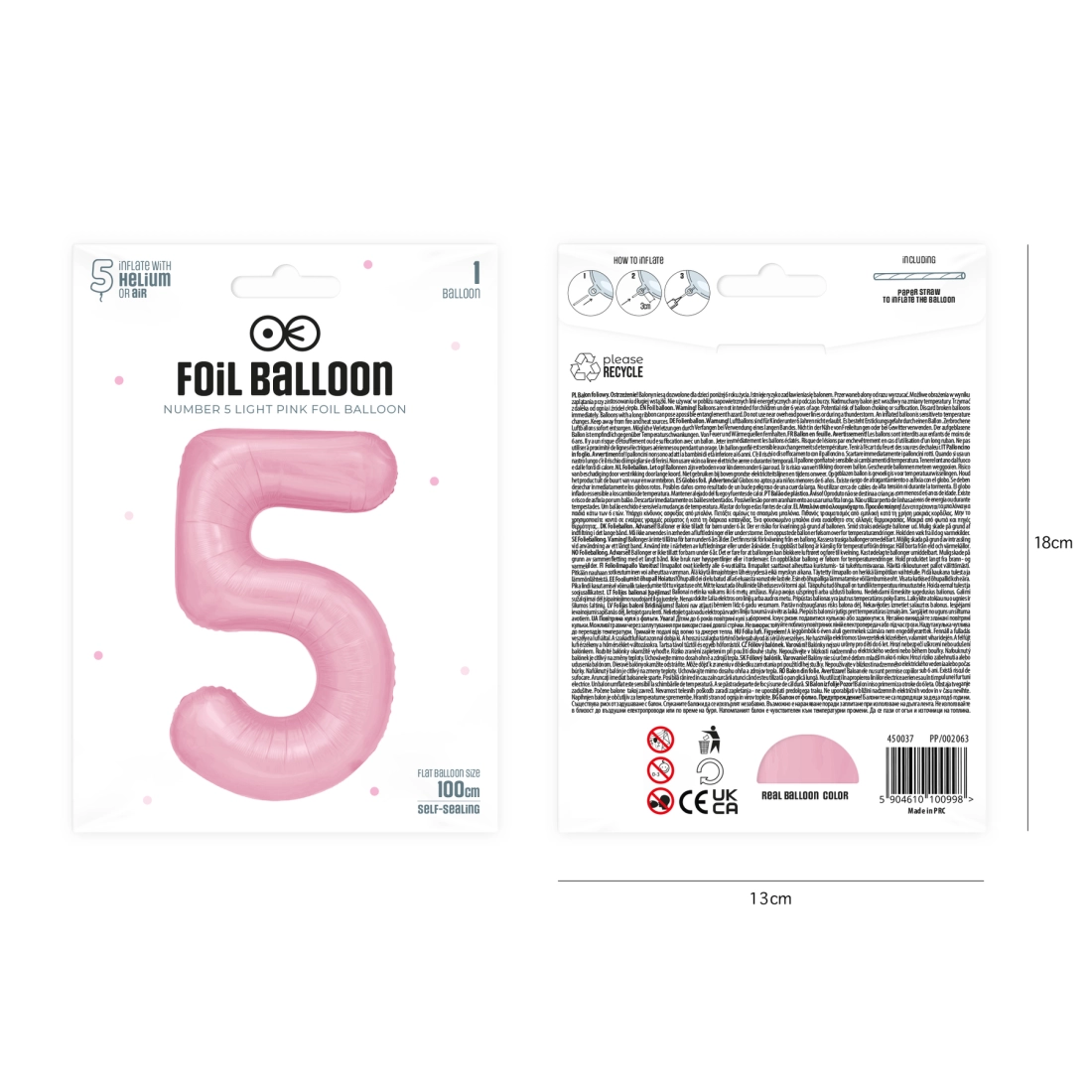 Rózsaszín fólia szülinapi lufiszám 5, 100 cm