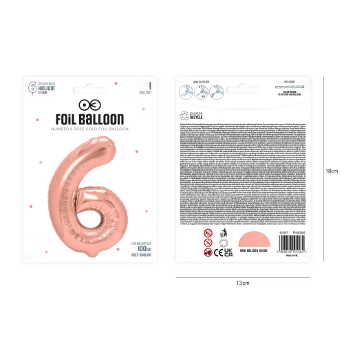Rose gold fólia szülinapi lufi – 6-os szám, 100 cm, óriás ünnepi ballon