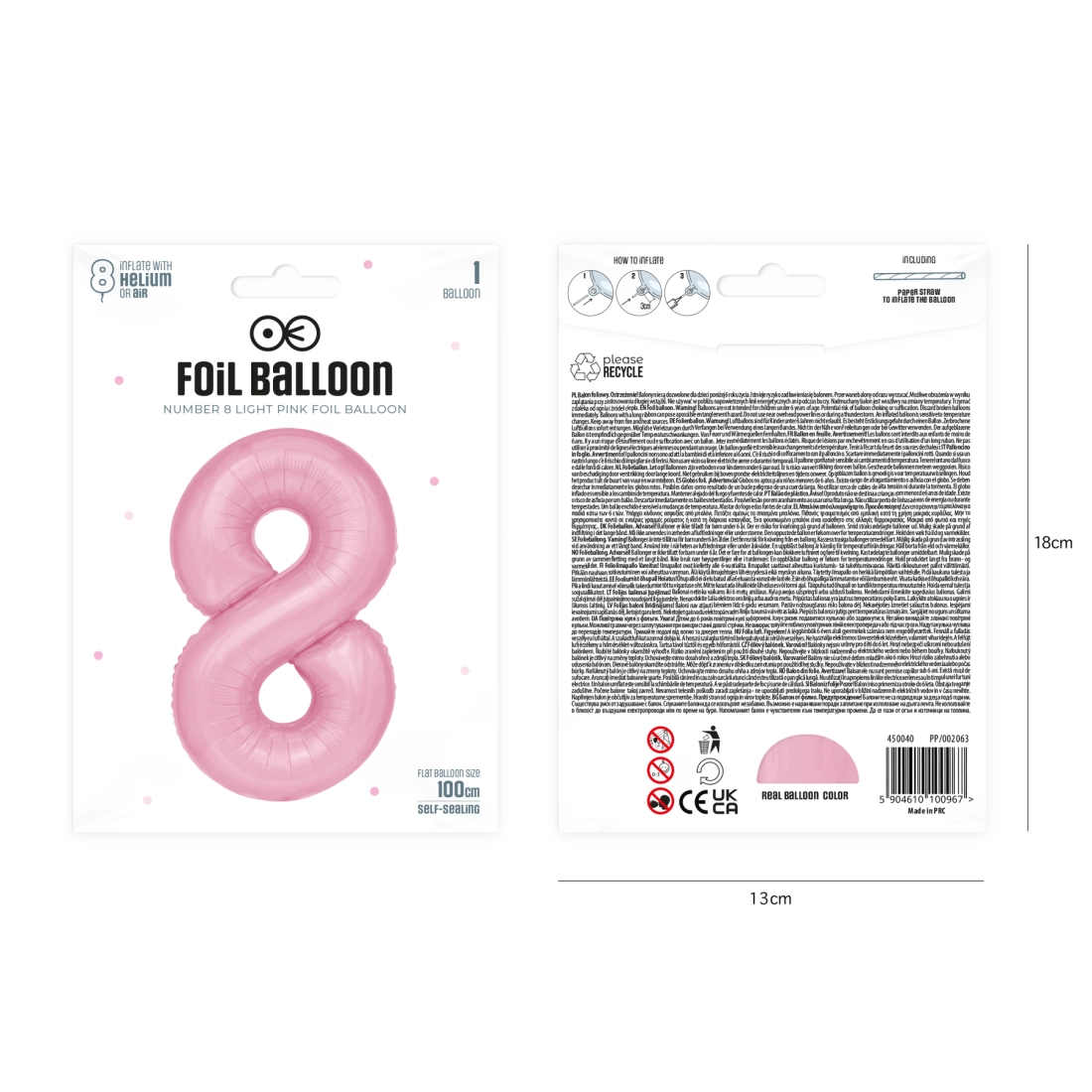 Balon din folie pentru aniversare, cifră 8, roz, 100 cm