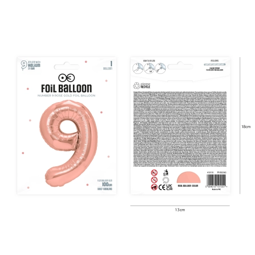 Balon aniversar din folie, cifra 9, rose gold – balon mare de 100 cm pentru petrecere
