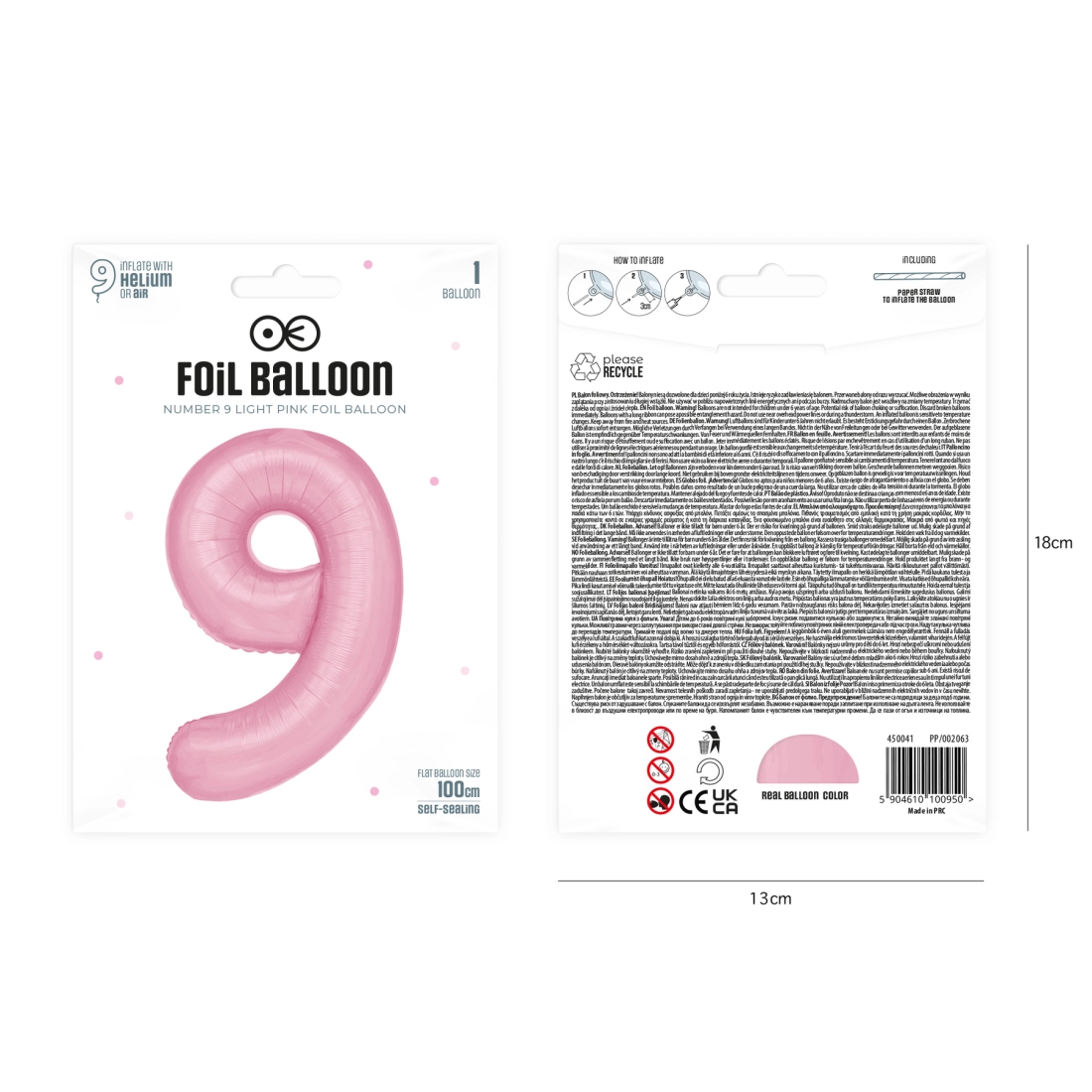 Rózsaszín fólia születésnapi lufiszám 9, 100 cm