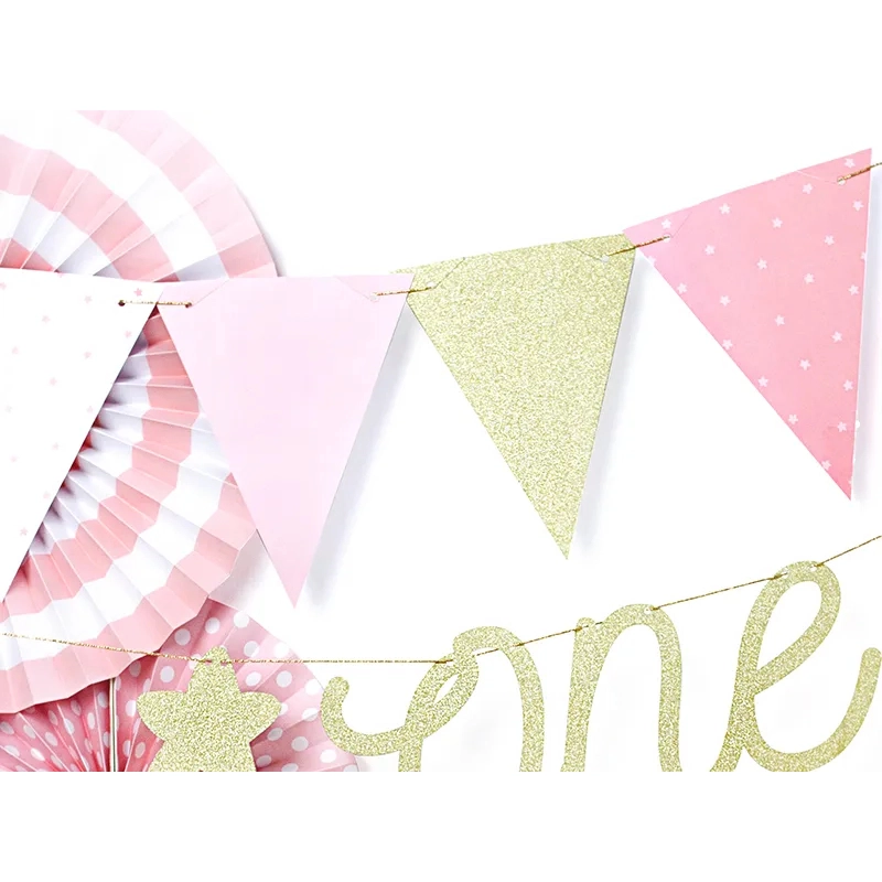 Girland 1. születésnapra – rózsaszín zászlók, 1,3 m