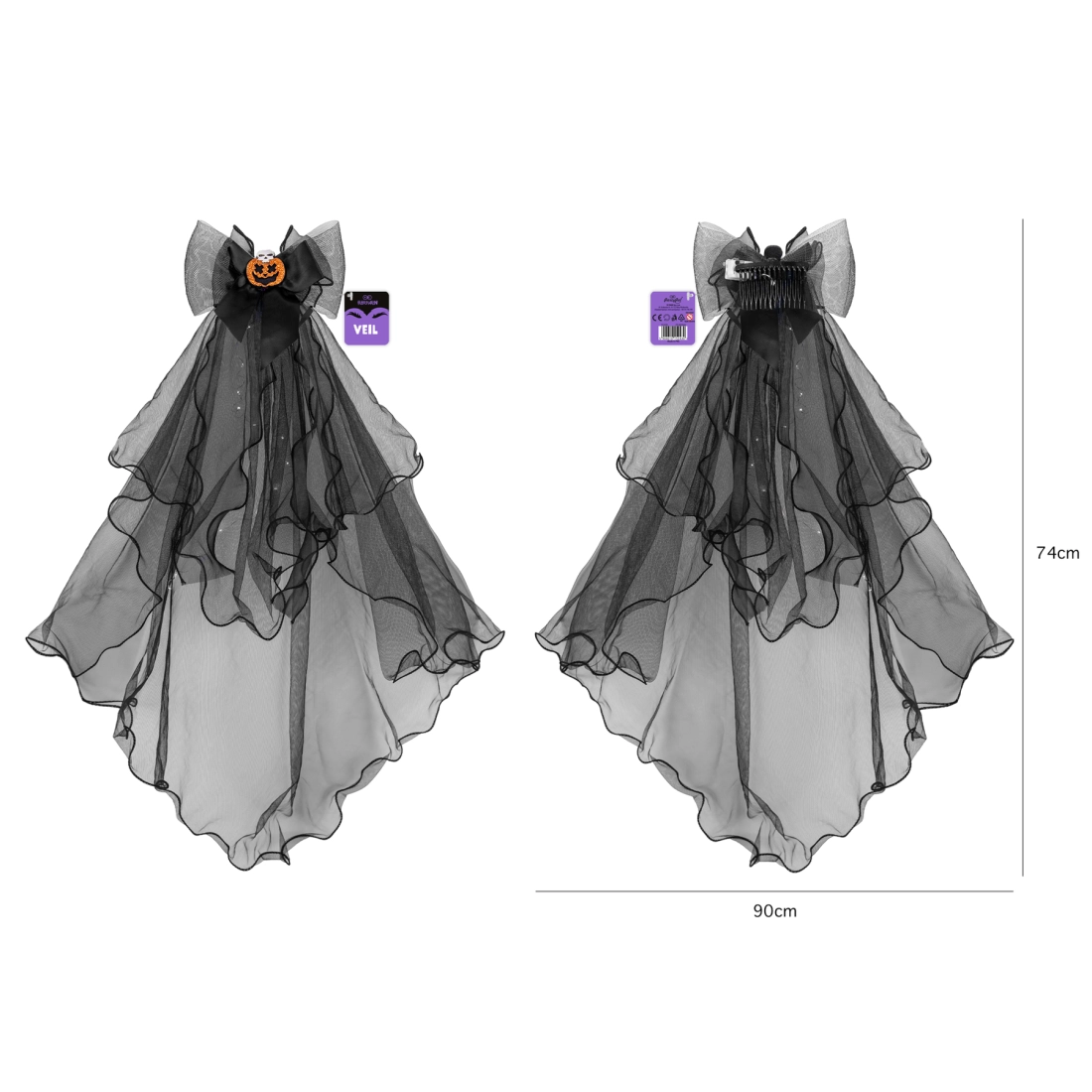 Voal negru de Halloween cu fundă LED și dovleac