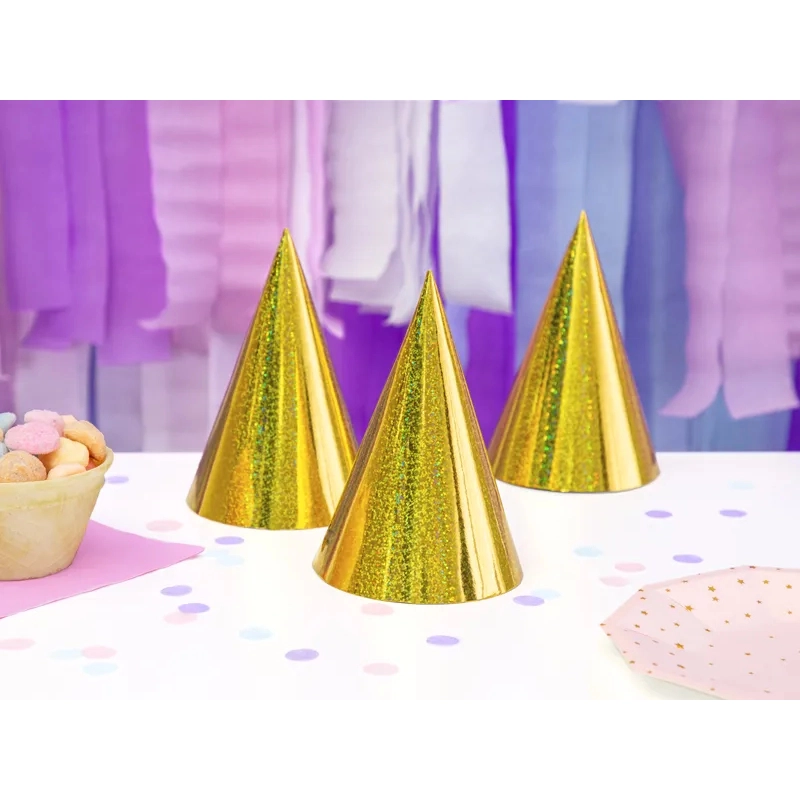 Pălărioare holografice pentru aniversare – aurii, 6 buc.