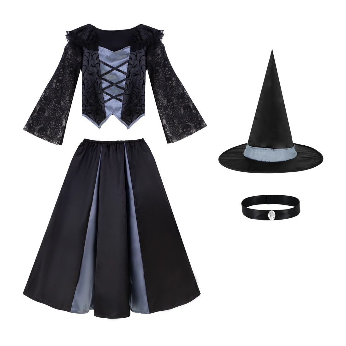 Costum de vrăjitoare pentru fetițe, negru-gri, mărimea M