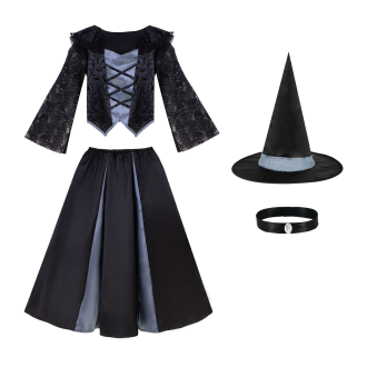 Kostum čarovnice za deklico, črno-siv, velikost S