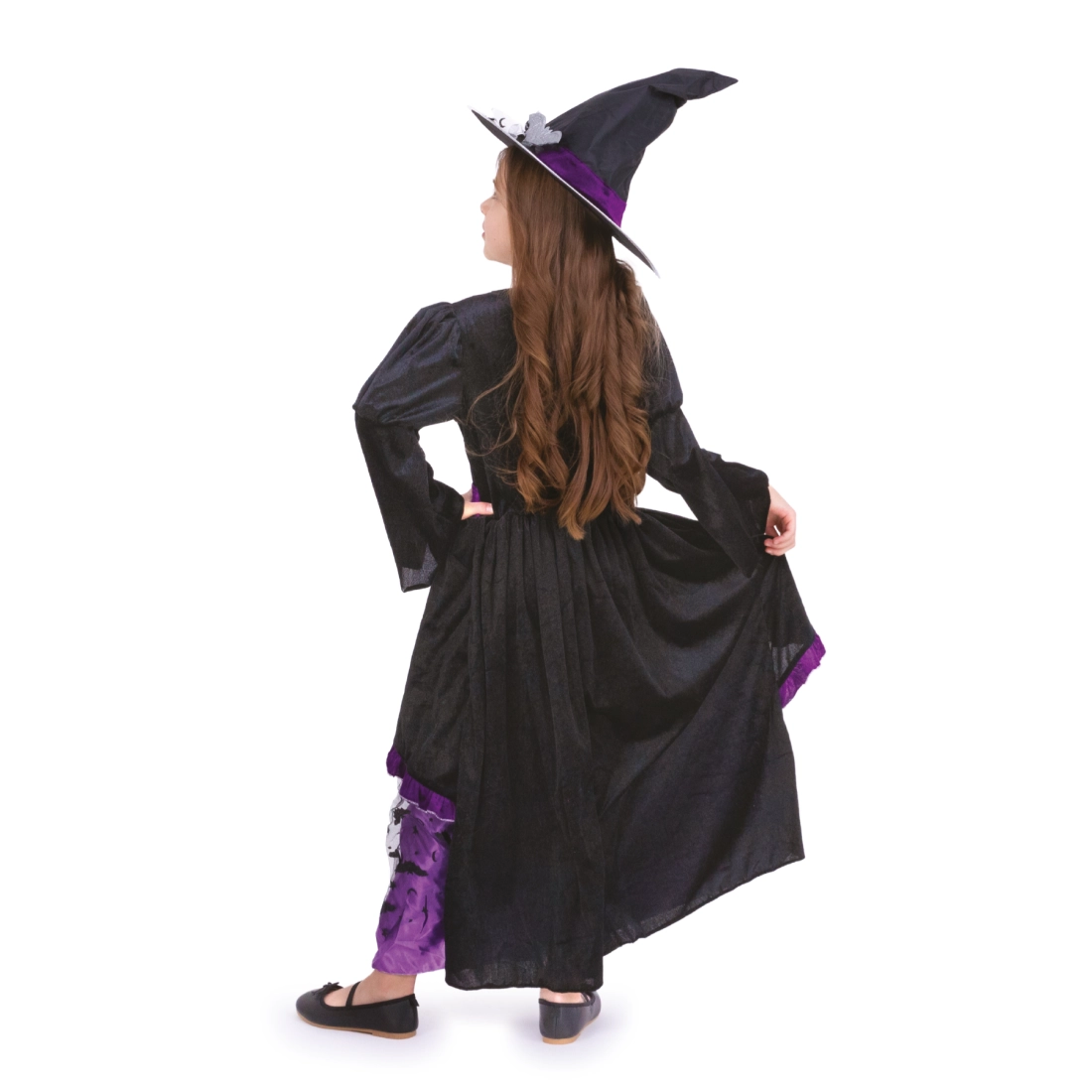 Lila-fekete boszorkány jelmez kislányoknak, S méret