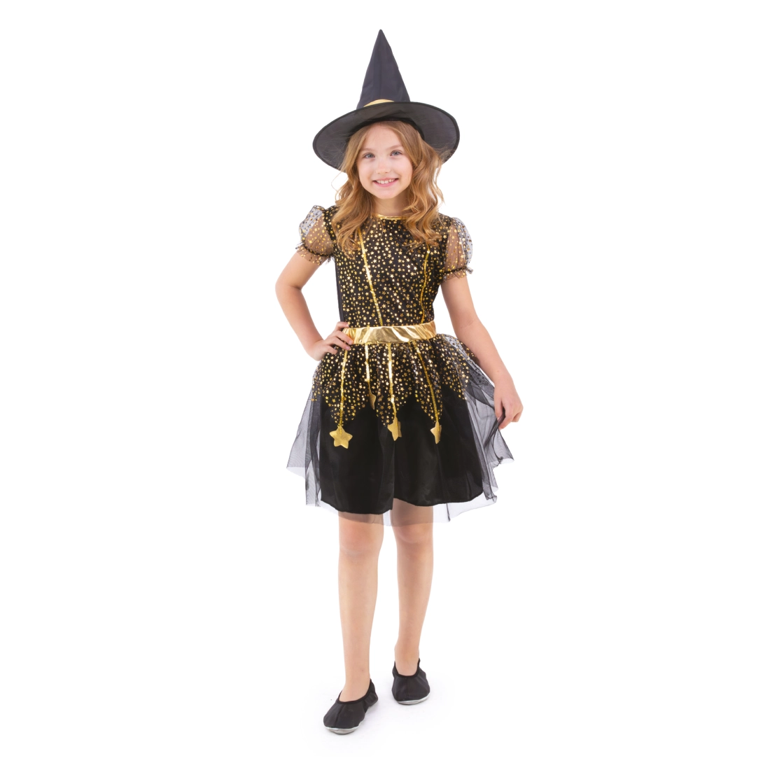 Costum de mică vrăjitoare pentru fetiță, auriu-negru, mărimea XS