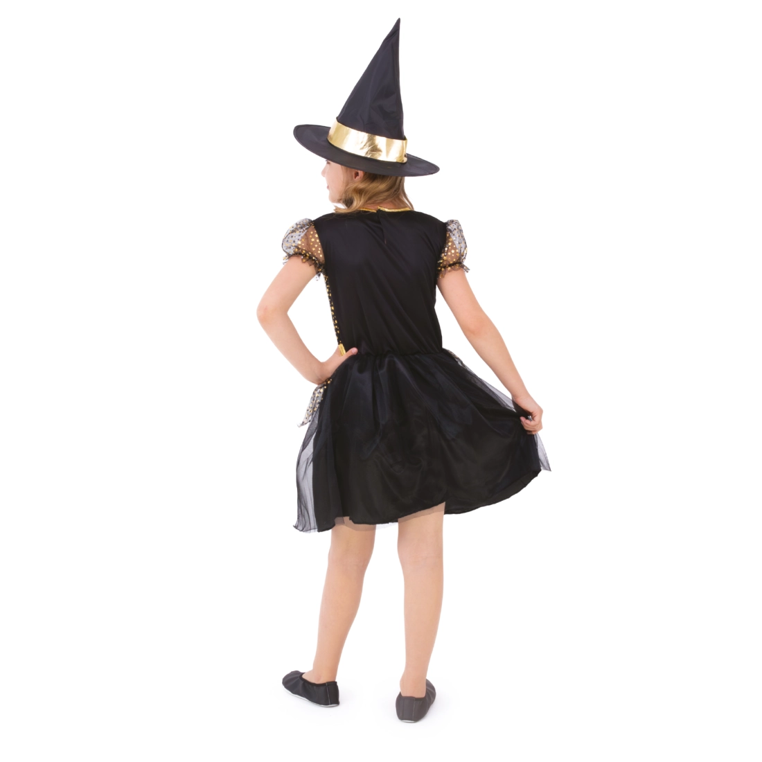 Costum de mică vrăjitoare pentru fetiță, auriu-negru, mărimea XS