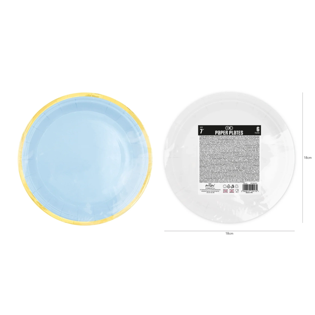 Farfurie albastră din hârtie Classic Gold 18 cm cu margine aurie – 6 buc.