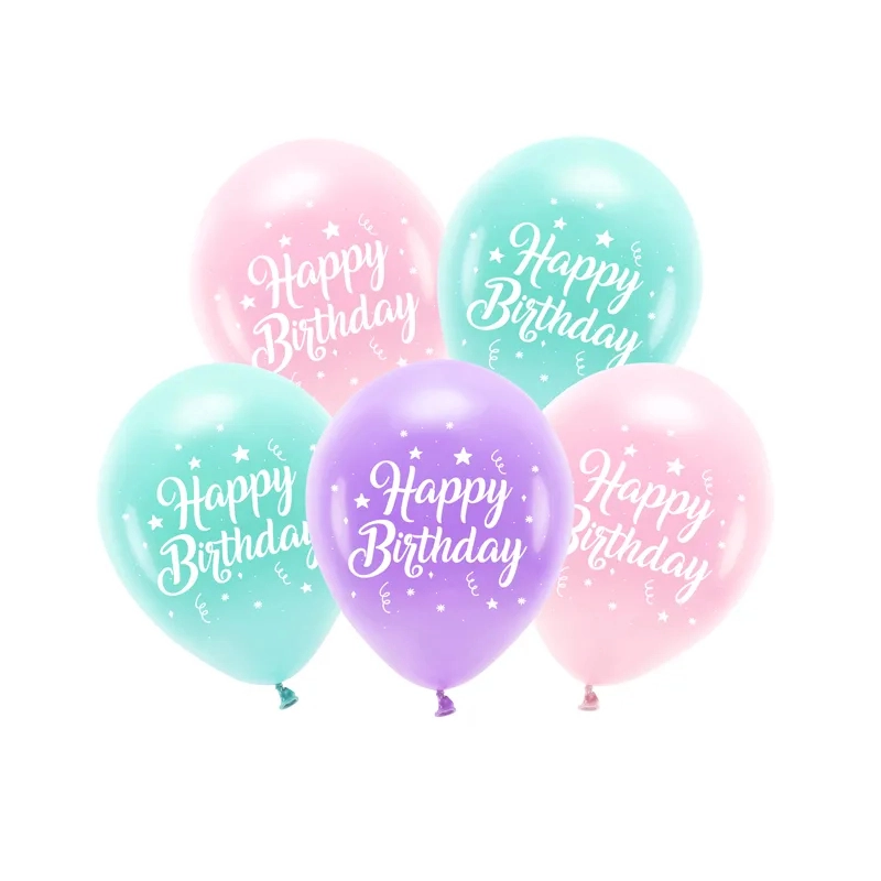 Baloane ECO de aniversare Happy Birthday, 26 cm, mix de culori, set 5 buc.