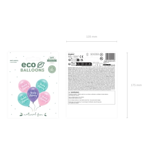 Rođendanski ECO baloni Happy Birthday, 26 cm, mješavina boja, 5 kom