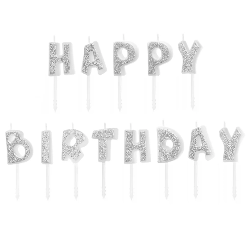 Lumânări de aniversare cu inscripția Happy Birthday – argintii cu sclipici