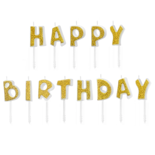 Rojstnodnevne svečke z napisom Happy Birthday – zlate z bleščicami