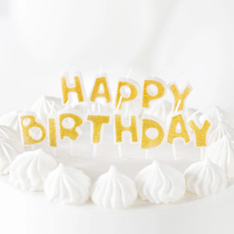 Rojstnodnevne svečke z napisom Happy Birthday – zlate z bleščicami