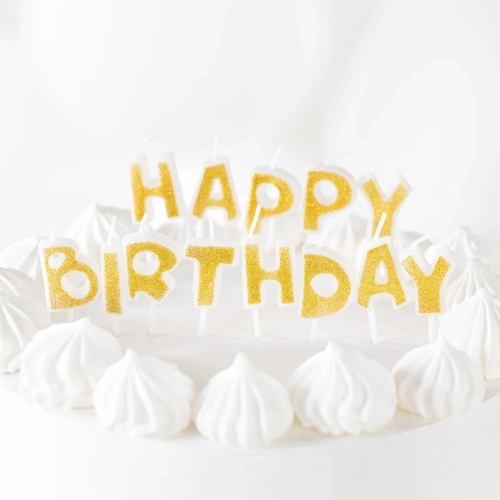 Rojstnodnevne svečke z napisom Happy Birthday – zlate z bleščicami