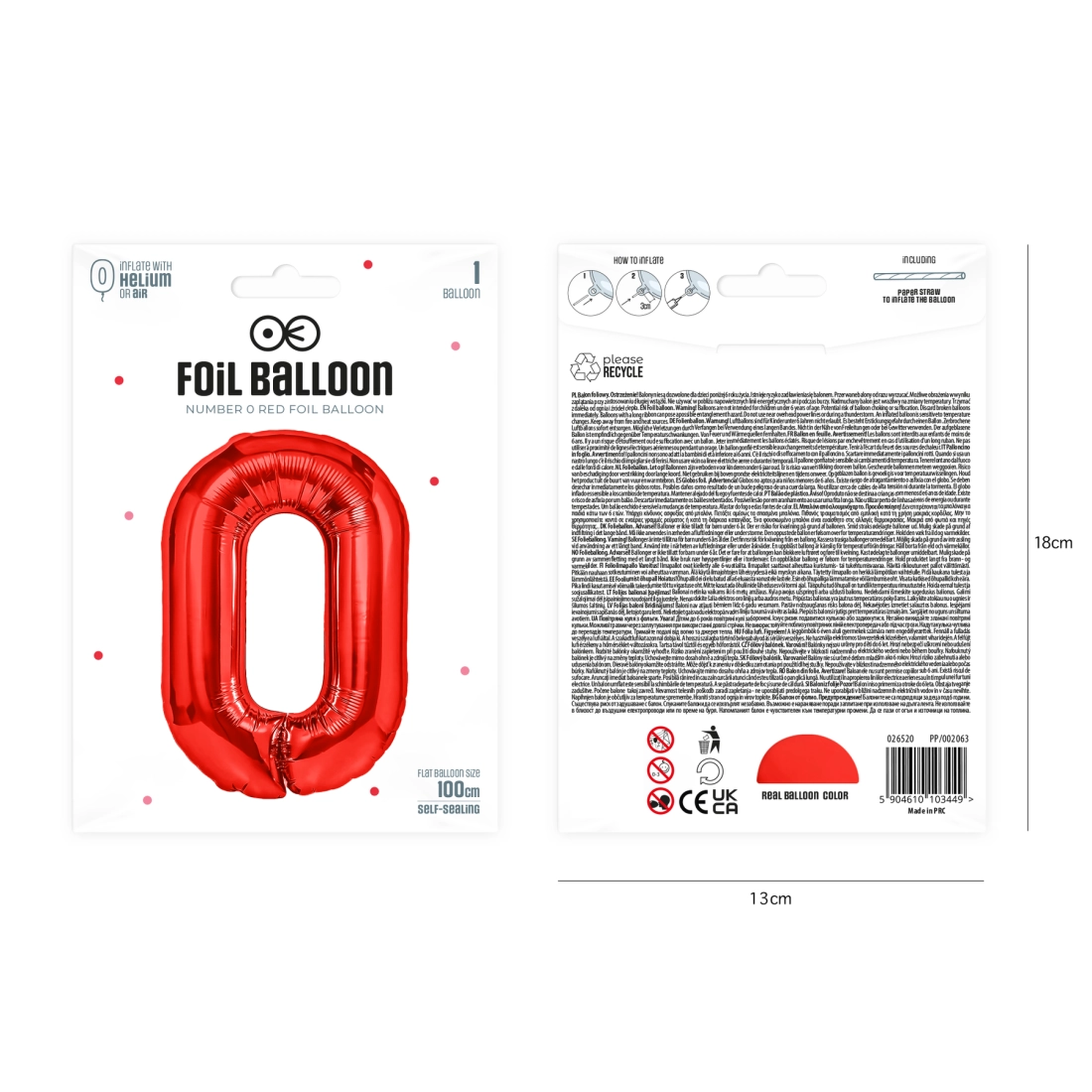 Szülinapi szám lufi 0, piros, 100 cm