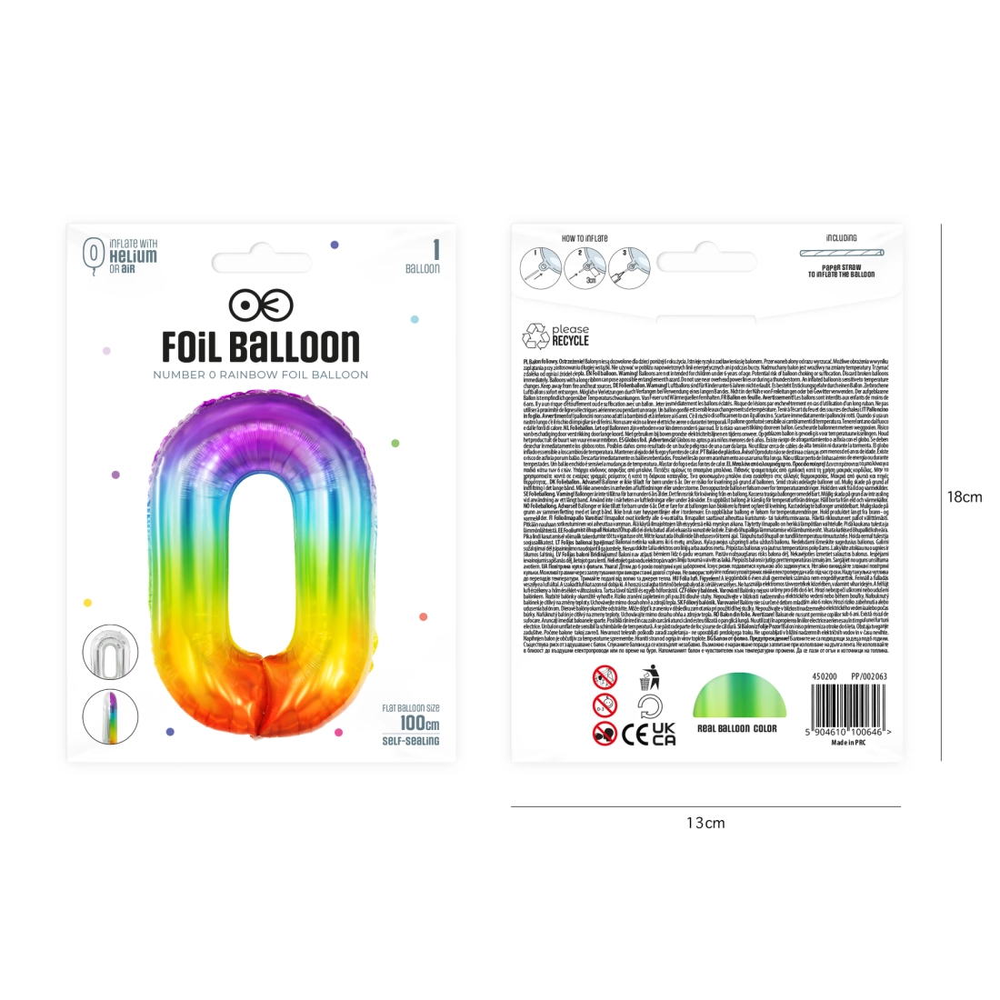 Balon aniversar cifră 0, curcubeu, 100 cm