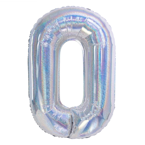 Szülinapi fózálló szám lufi 0, holografikus ezüst, 100 cm
