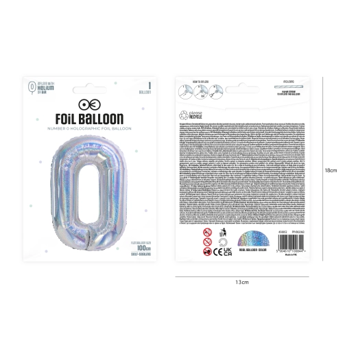 Szülinapi fózálló szám lufi 0, holografikus ezüst, 100 cm