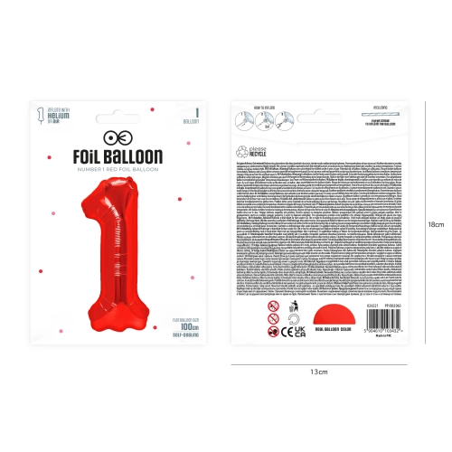 Szülinapi lufiszám 1, piros, 100 cm