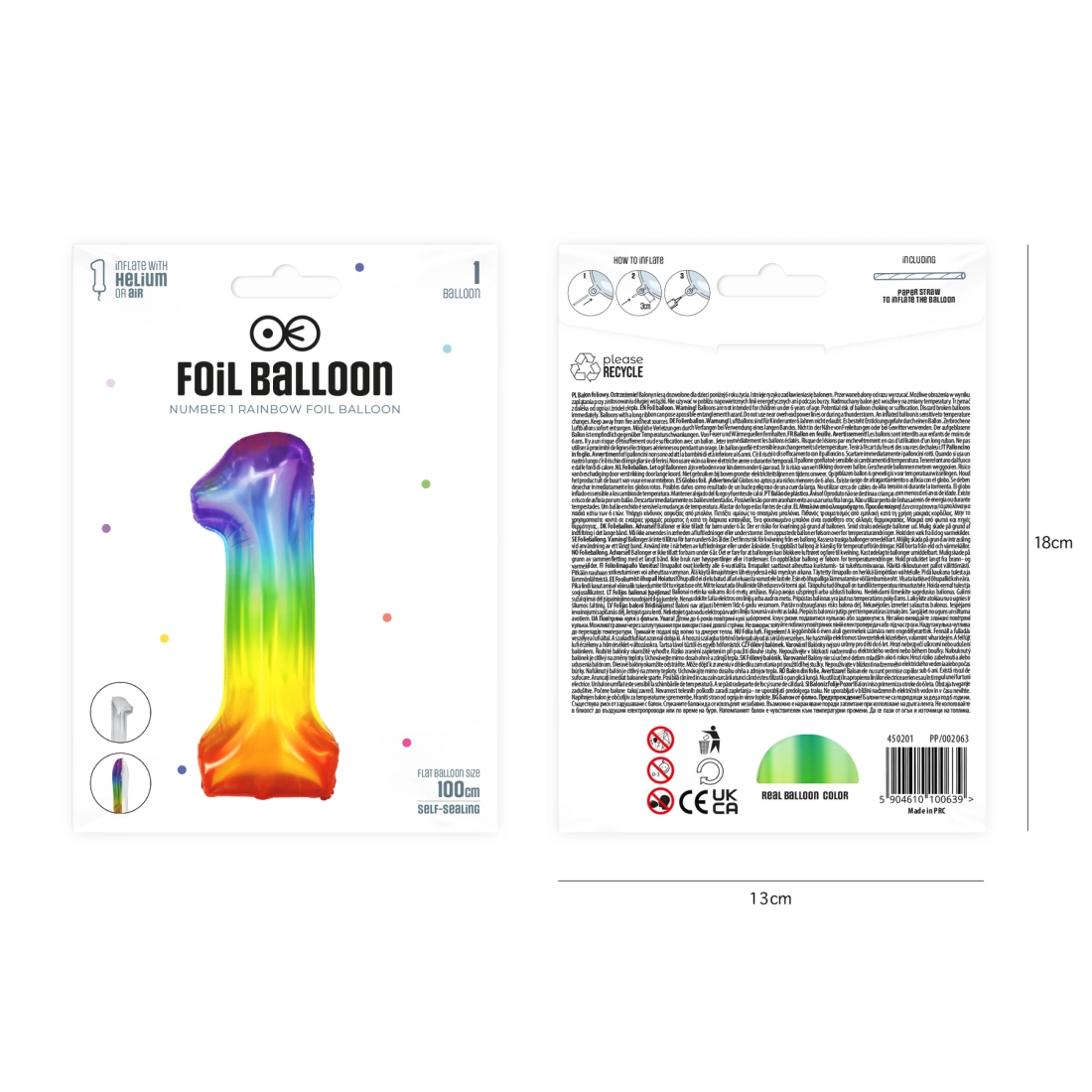 Szülinapi lufi, 1-es szám, szivárvány színű, 100 cm