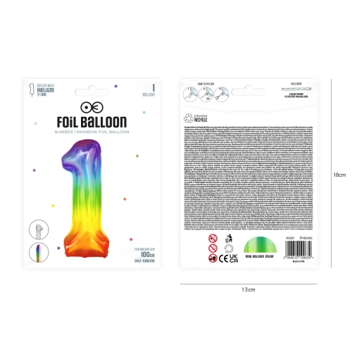Szülinapi lufi, 1-es szám, szivárvány színű, 100 cm