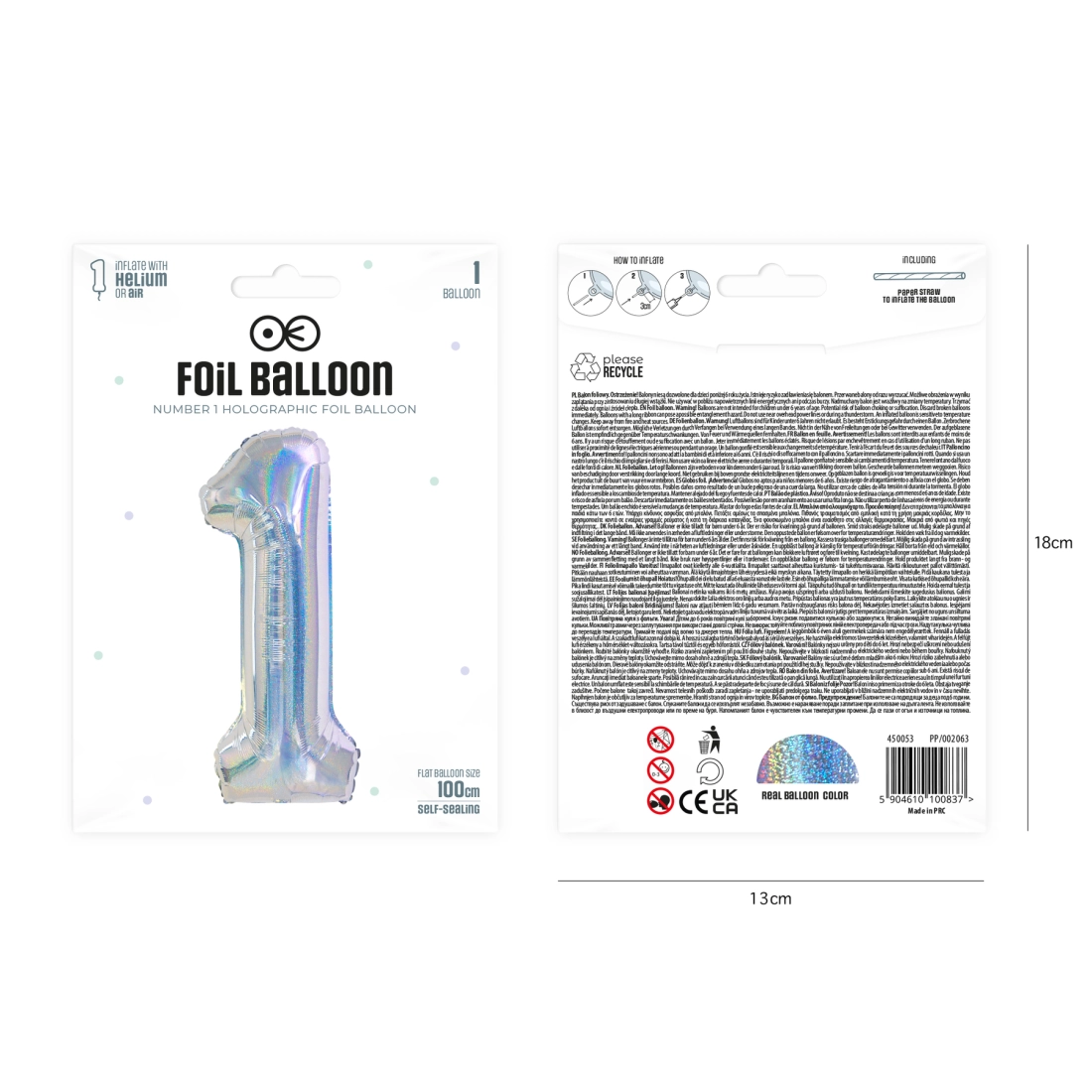Szülinapi lufiszám 1, holografikus ezüst, 100 cm