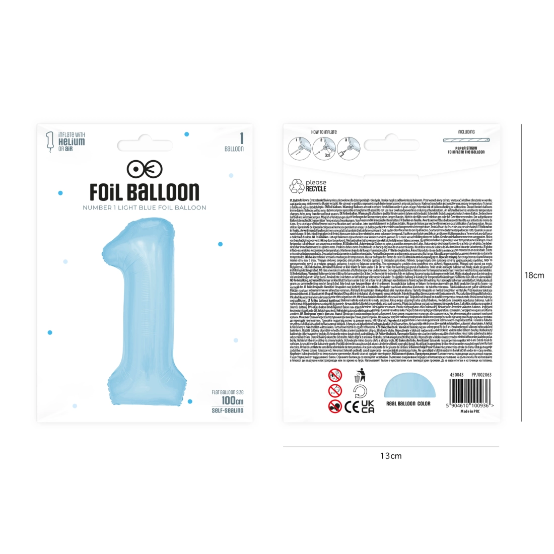 Szülinapi lufi 1-es szám – égszínkék, 100 cm