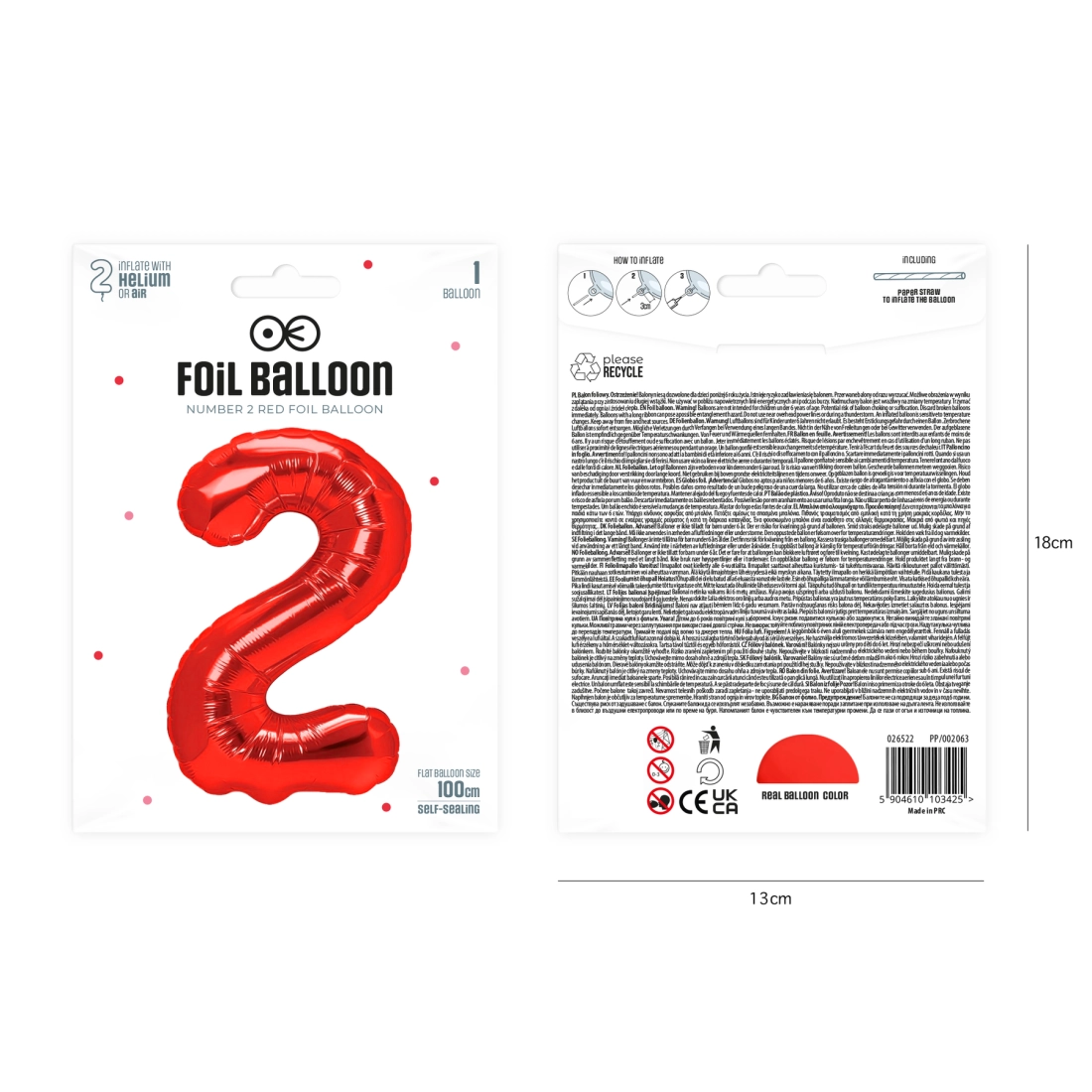Balon aniversar cifră 2 roșu, 100 cm