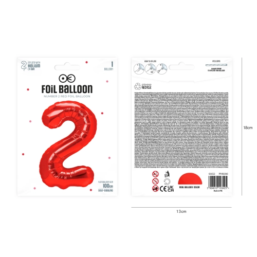 Szülinapi lufi, 2-es szám, piros, 100 cm