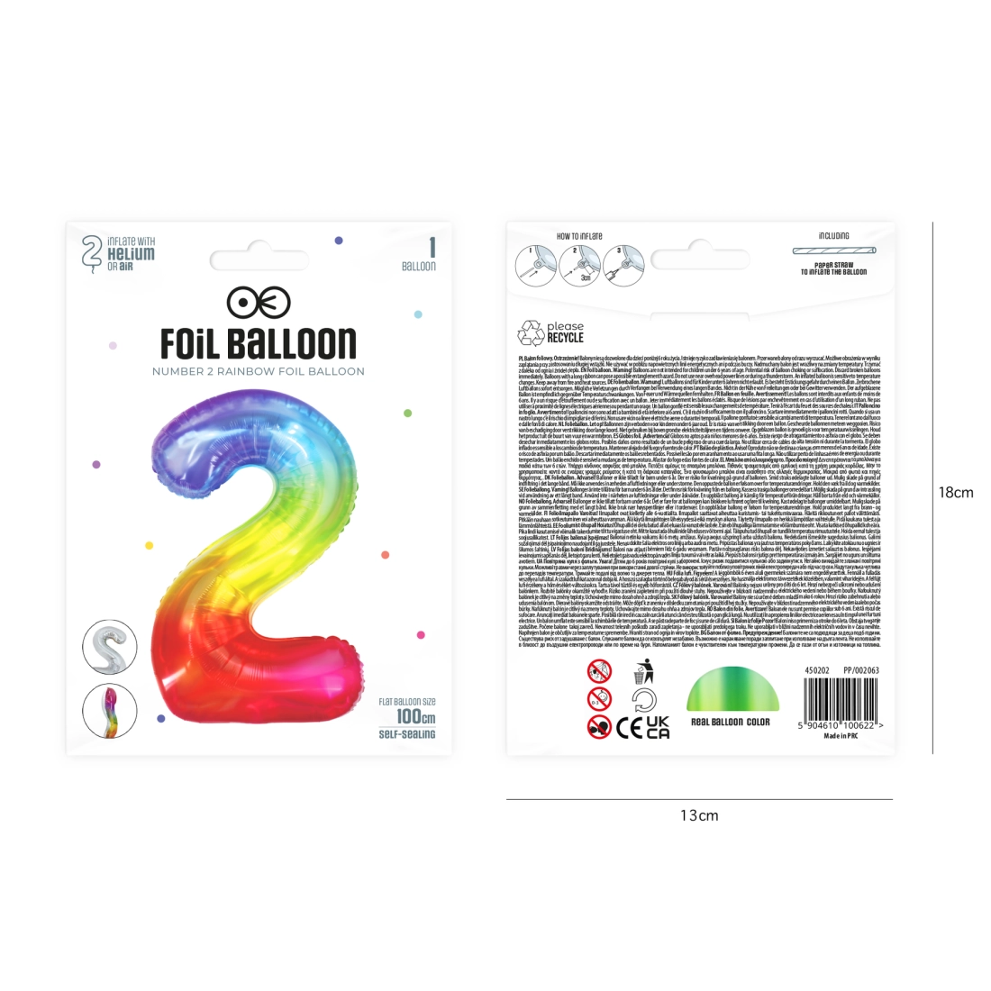 Szülinapi szivárványos 2-es fólia lufi, 100 cm